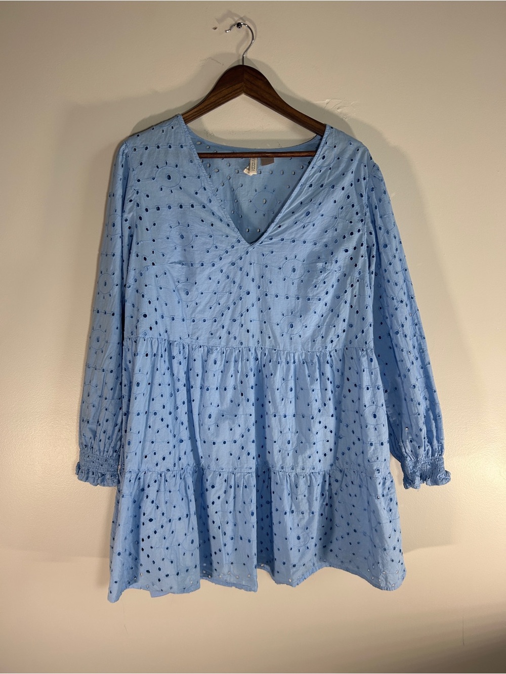Divided Light Blue Eyelet V-Neck Oversized Babydoll Minidress with slip